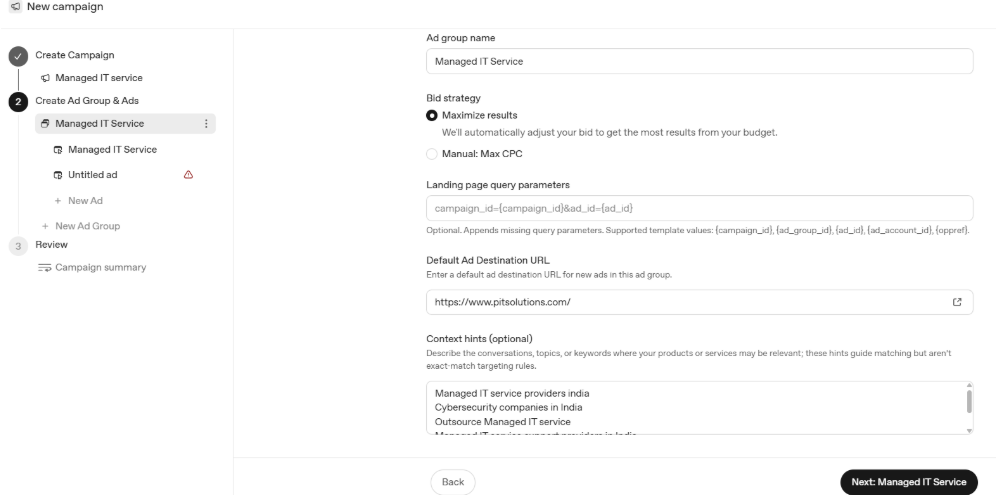 Adgroup Name and Destination URL